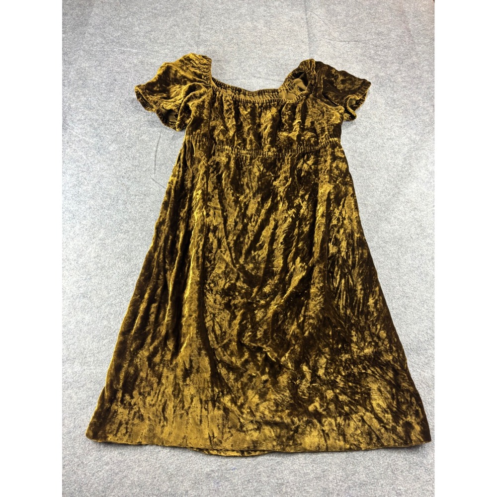 VTG Handmade Olive Crushed Velvet Empire Waist Puff Sleeve Dress Fall 90s S?
